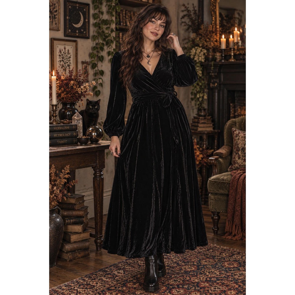 MSK Black Velvet Wrap Dress XL Whimsigoth Witchy Goth Balloon Sleeve Tie Waist